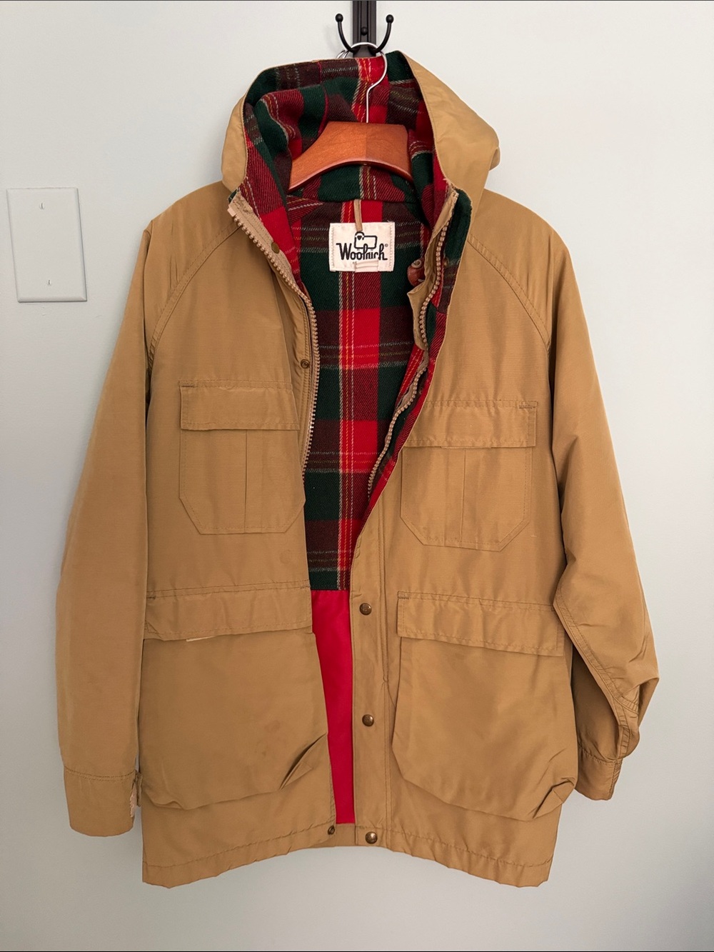Woolrich Tan Field Jacket with Red & Green Plaid Lining